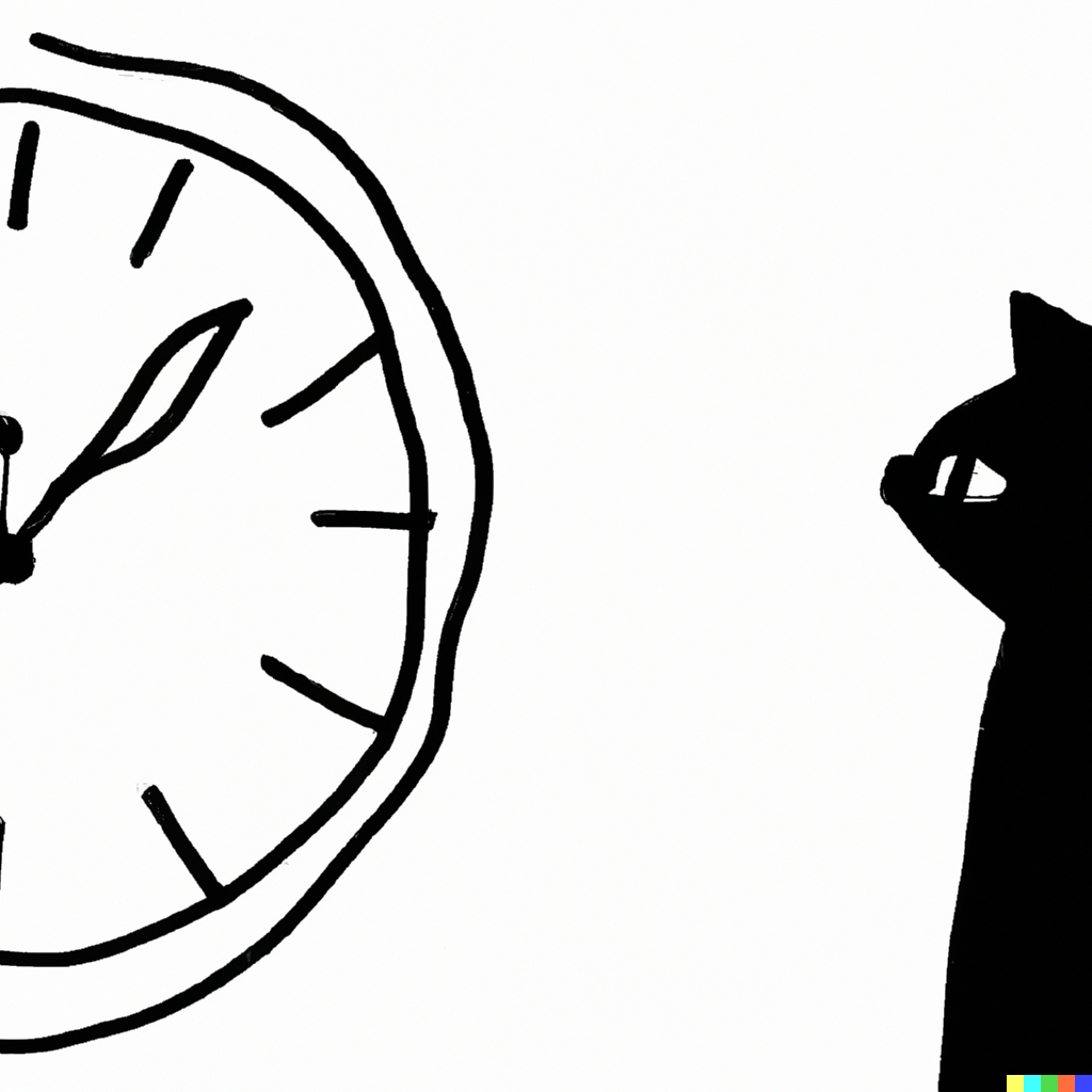Drawing of a cat looking at a clock.