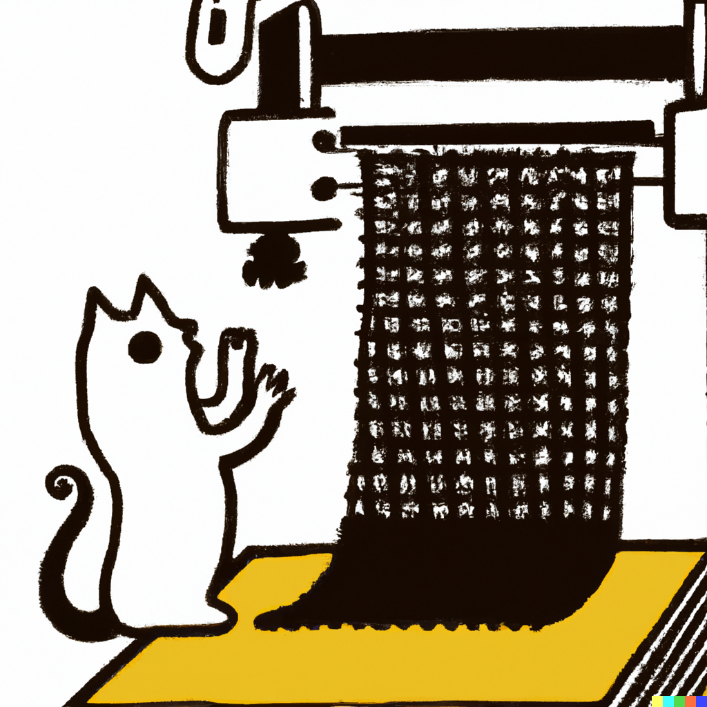 A cat playing with a printing press.