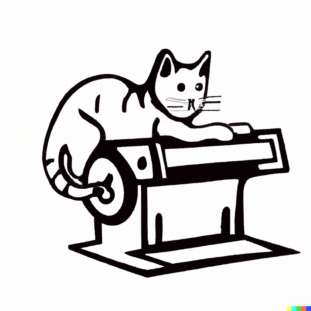 Drawing of a cat in front of a printing press.